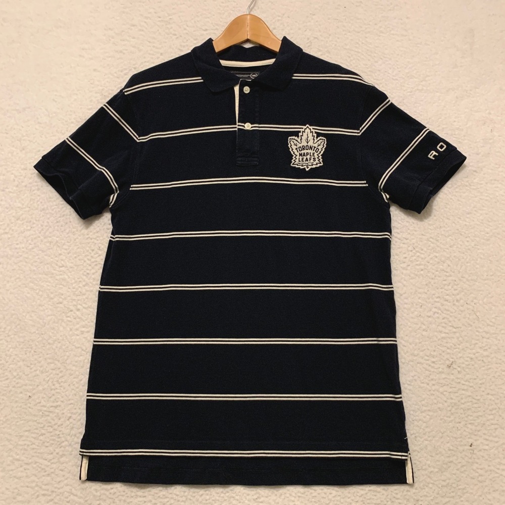 Roots NHL Toronto Maple Leafs Striped Polo Shirt Mens Medium Navy Blue Pique